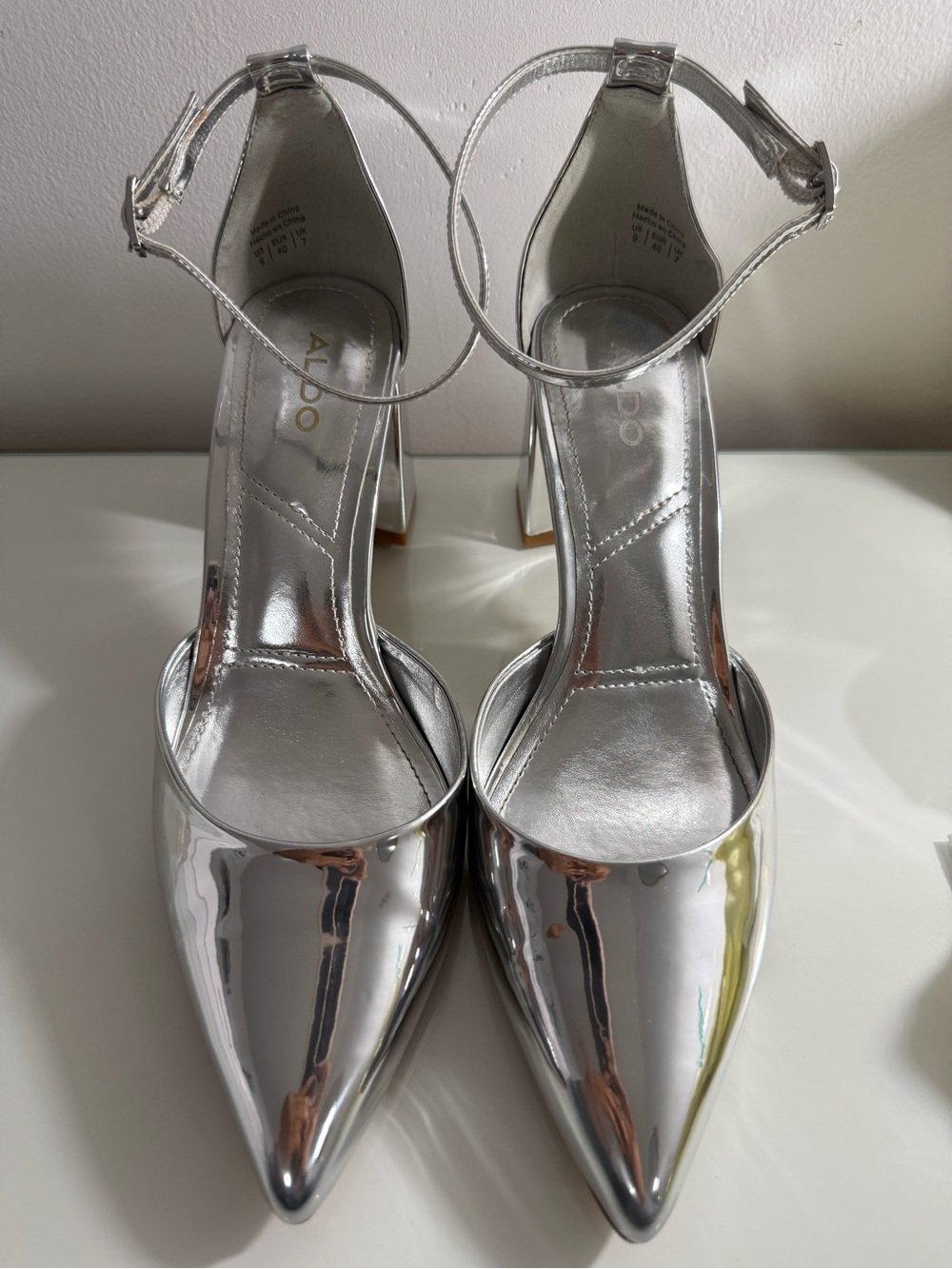 ALDO Silver Mirrored Pointed-Toe Ankle Strap Heels